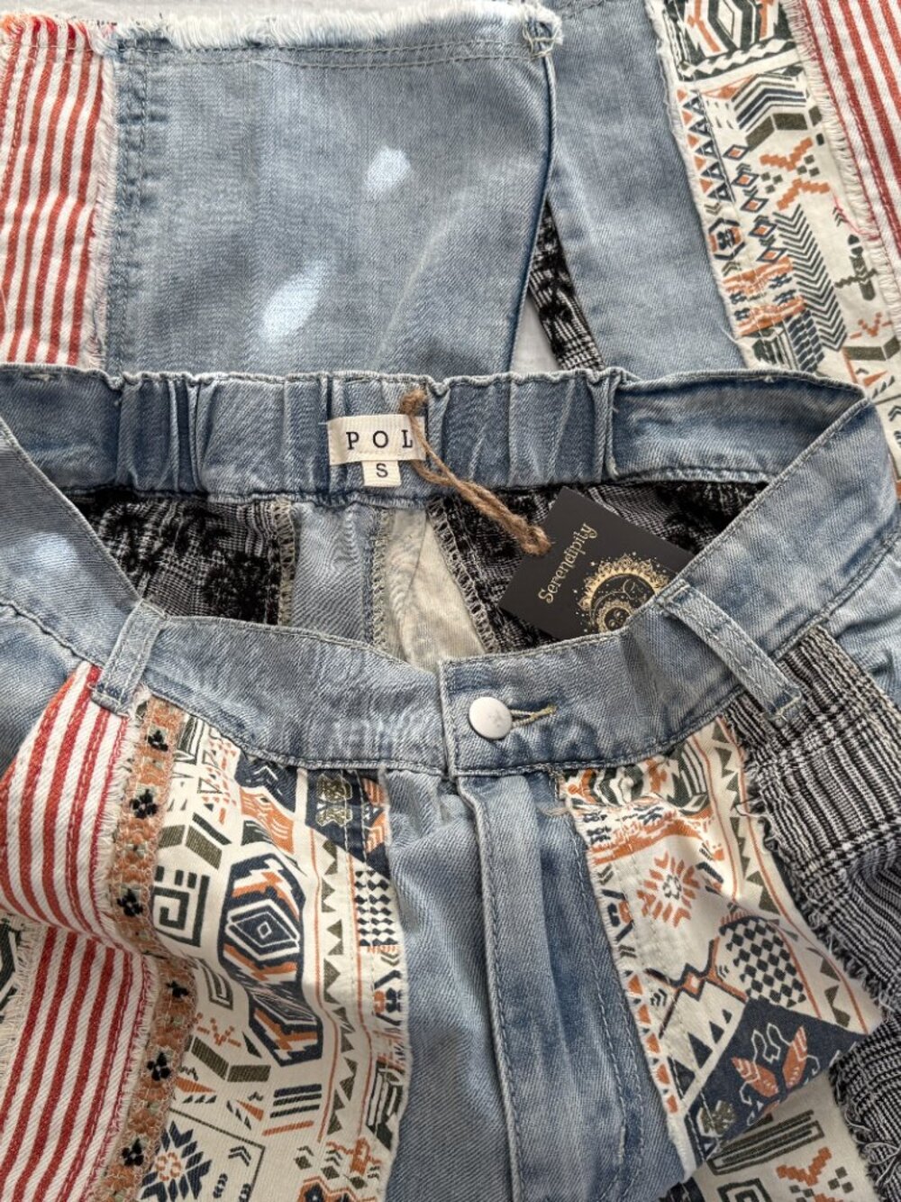 POL Boho Super Baggy with 90s Grunge Flare Stripes & Tribal Print Distressed Jea - Picture 7 of 9